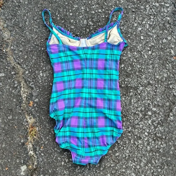 Vintage Sirena Ruffled Plaid Multicolor One Piece High Cut Swimsuit Size 0 - Picture 6 of 6